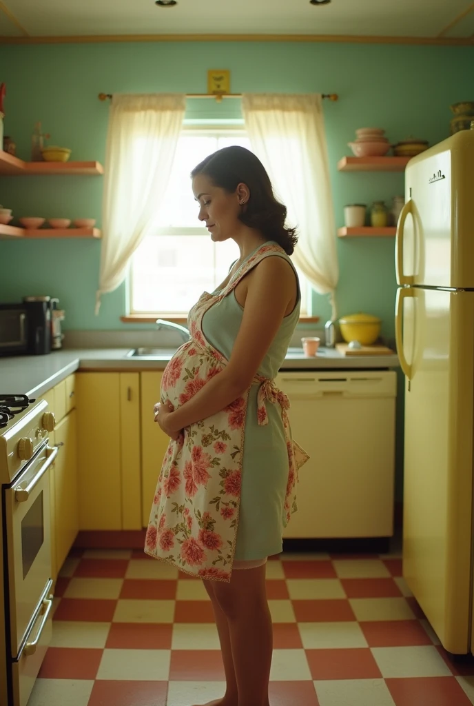 A pregnant 1950's housewife crying in a vintage kitchen. Topless