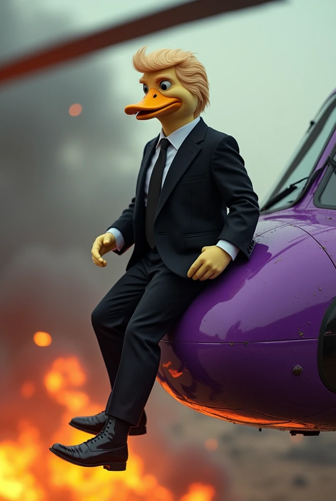 Mafia soft fur skin duck with hairstyle of donald trump wearing suit and pant sitting on the side of a purple helicopter in the air, battlefield backgrond, fire everywhere