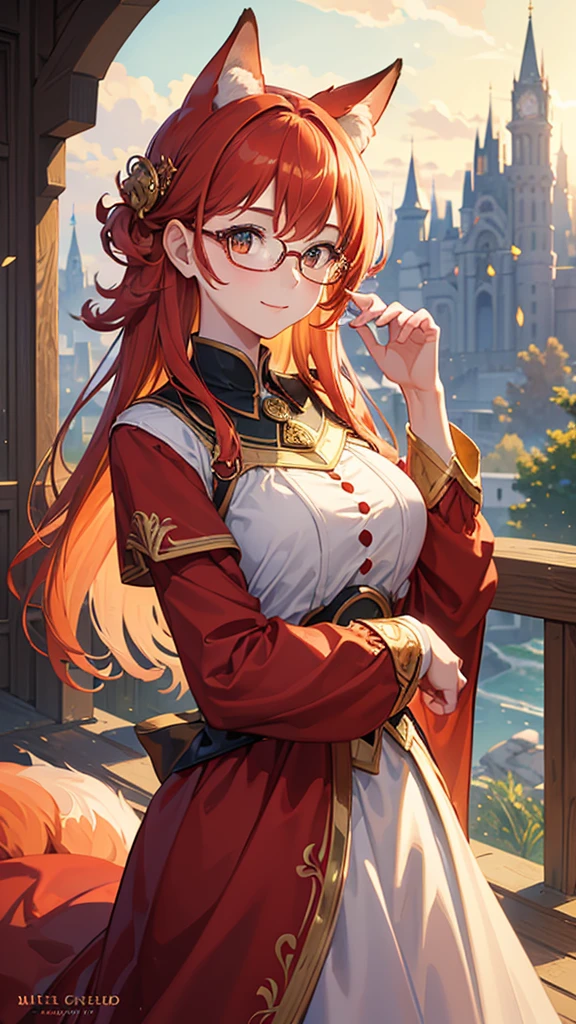 ((Best quality)), ((masterpiece)), (detailed), best quality,8k,original photo,This is a perfect face,Red Fox Maiden,touch fox,Castle Background, Liveliness. Carefree happy joy bokeh background. Quiet aesthetics. Soft lighting. Artistic Lighting. Gold frame glasses