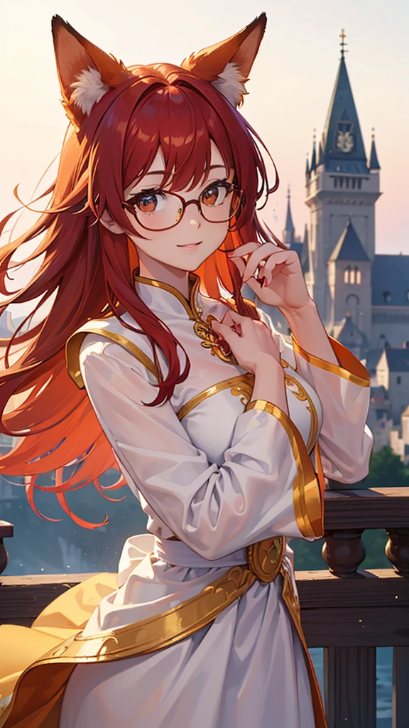((Best quality)), ((masterpiece)), (detailed), best quality，8k，original photo，This is a perfect face，Red Fox Maiden，touch fox，Castle Background， Liveliness. Carefree happy joy bokeh background. Quiet aesthetics. Soft lighting. Artistic Lighting. Gold frame glasses