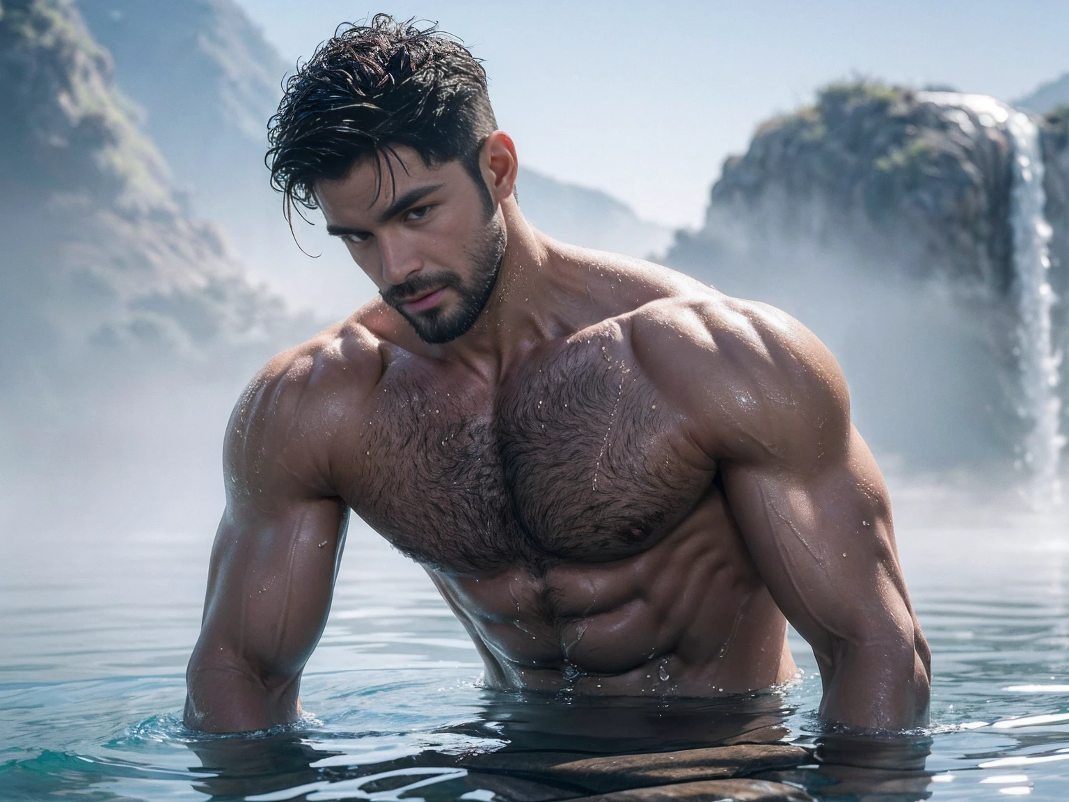 Highly detailed painting, handsome! Beard, short hair, small head, tall, outdoor hot spring, soaked in water!!! (Best quality, super details) Elegant! Fashion background!! HD, 8k, thin and tall! Muscular, chest hair, hairy chest muscles! Smirk, masterpiece, best quality, high resolution, detailed background, strong body, male, he is about 50 years old, strong and handsome, muscular tissue, chest muscles, best quality, (muscles), sitting in the water wearing white swimming trunks!! Chest hair: 1.8) Realistic photos, short hair! The lower body is soaked in water! Easy and comfortable appearance! (Water fog: 1.5)