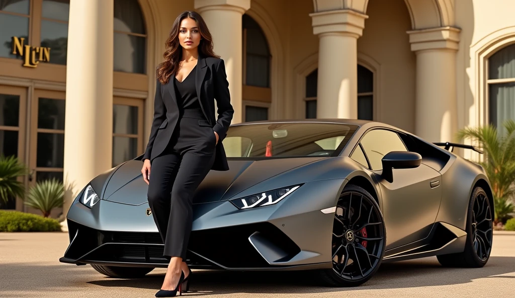 Create a fashion poster featuring a woman wearing a blazer, standing next to a luxury Lamborghini in front of an elegant building. The building should display branding for the N'Lin fashion store. The overall image should embody the sophistication and high-end fashion aesthetics seen in campaigns by brands like Zara, Chanel, and Gucci. The poster should emphasize the luxurious and stylish nature of the blazer, with a modern, chic composition. Ensure that the N'Lin brand name is clearly visible on the building, reinforcing the brand's upscale identity. The design should be sleek, with a focus on elegance and fashion-forward appeal