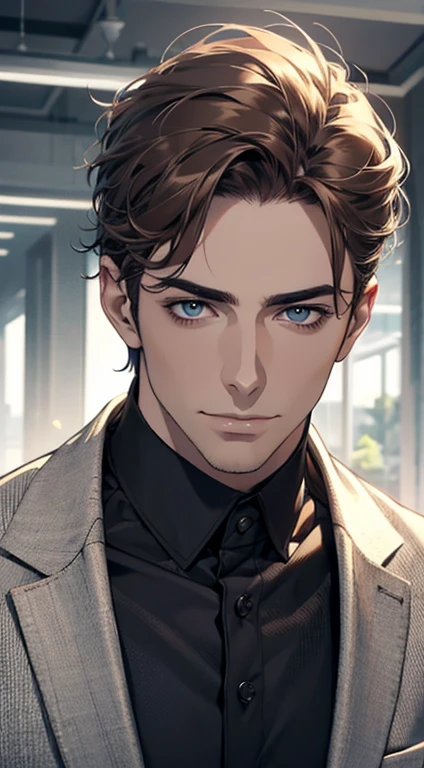 (best quality,4k,8k,highres,masterpiece:1.2),ultra-detailed,(realistic,photorealistic,photo-realistic:1.37),1 man,31 years old,mature man,very handsome,without expression,smile,short grey brown hair,blue eyes,penetrating gaze,perfect face without errors,imposing posture,businessman,office background,cinematic lighting,hdr image
