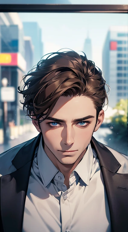 (best quality,4k,8k,highres,masterpiece:1.2),ultra-detailed,(realistic,photorealistic,photo-realistic:1.37),1 man,31 years old,mature man,very handsome,without expression,smile,short grey brown hair,blue eyes,penetrating gaze,perfect face without errors,imposing posture,businessman,office background,cinematic lighting,hdr image