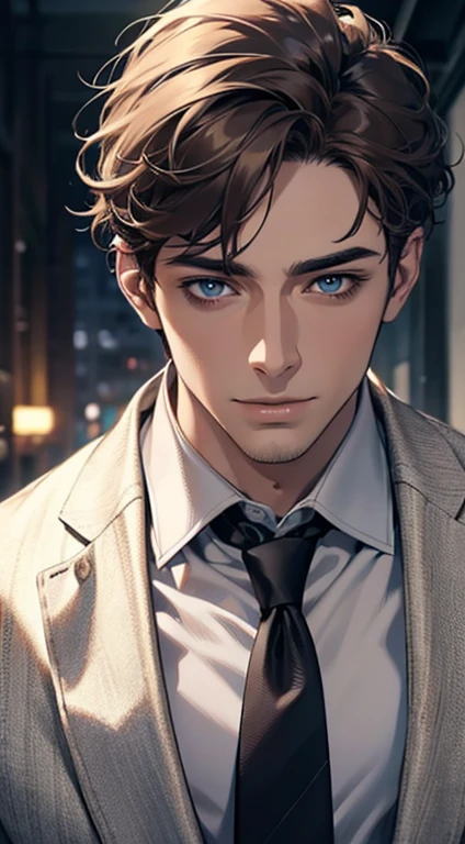 (best quality,4k,8k,highres,masterpiece:1.2),ultra-detailed,(realistic,photorealistic,photo-realistic:1.37),1 man,31 years old,mature man,very handsome,without expression,smile,short grey brown hair,blue eyes,penetrating gaze,perfect face without errors,imposing posture,businessman,office background,cinematic lighting,hdr image