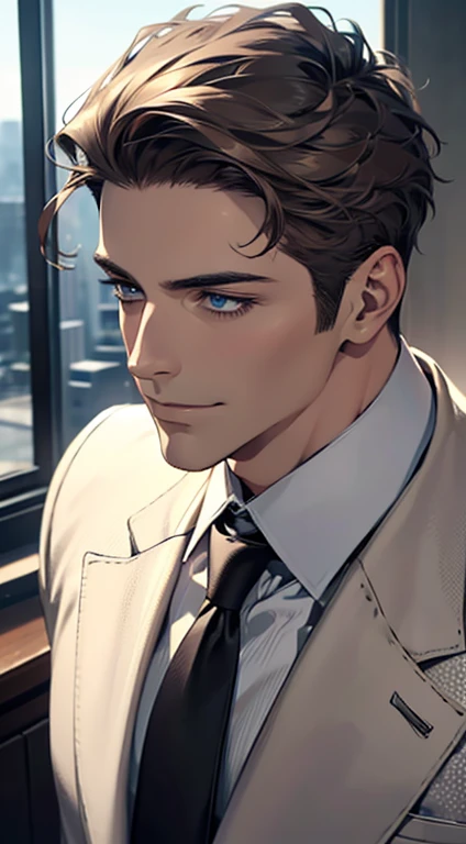 (best quality,4k,8k,highres,masterpiece:1.2),ultra-detailed,(realistic,photorealistic,photo-realistic:1.37),1 man,31 years old,mature man,very handsome,without expression,smile,short grey brown hair,blue eyes,penetrating gaze,perfect face without errors,imposing posture,businessman,office background,cinematic lighting,hdr image