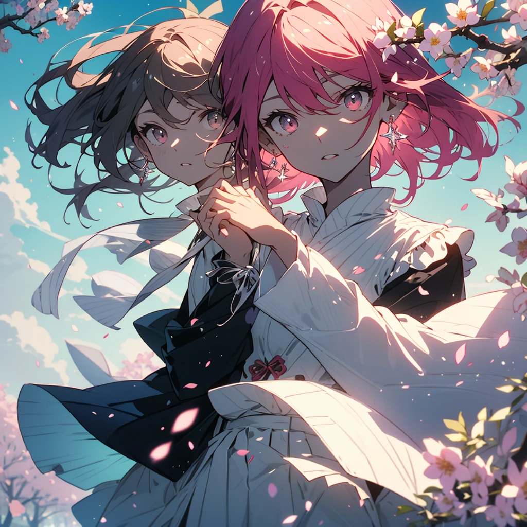 (masterpiece),(highest quality:1.0), (超High resolution:1.0), (Shining eyes、detailed美しい顔)、be familiar with illustration, 8K, anime, (1 boy),(casual dress、spring fashion)、(shirt with white ruffles、lime green pleated pant) 、beautiful anime, cute pose, cute face, be familiar with face, beautiful eyes, dark red eyes, be familiar with eyes, red lips, red lipstick, little brown hair, (pink flowers in ears,earrings)、 (white ankle short boots)、hair highlights, Are standing, Cherry blossoms are blooming on the tree behind me, blue sky with clouds, be familiar with, Complex, anime style, highly be familiar with、(whole body)、(highest quality、masterpiece、High resolution、detailed)、(美しいanime)