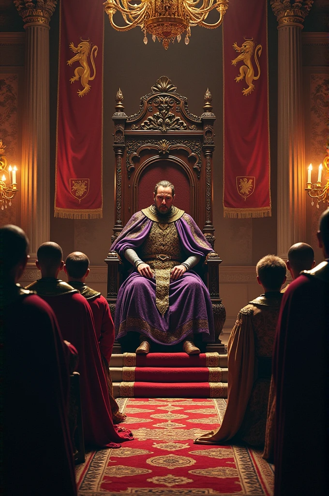 King Baldwin IV who is sitting on his throne,&Many people are kneeling before him