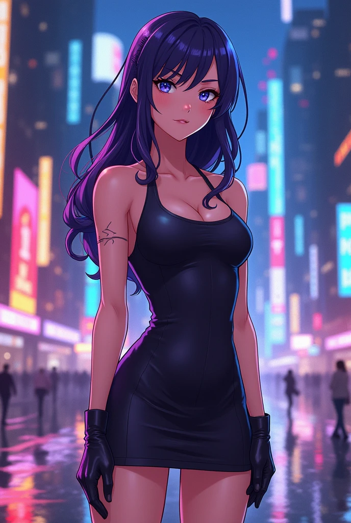 A muscular woman in a short dress and gloves standing in a city, in dress, Artoria Pendragon, cute anime waifu with a nice dress., 4K anime style, Moe anime art style, anime girl of the future, attractive anime girl, seductive anime girl, clean and detailed anime art, anime girl named lucy, high quality anime art style, (anime girl)