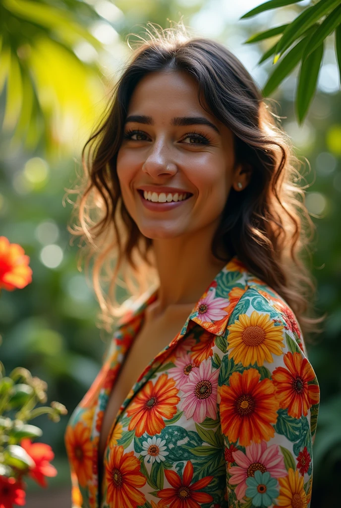 A Brazilian woman in a lush tropical garden, wearing an open shirt with a floral print, with a close-up capturing the harmonious beauty between her breasts and the natural flowers, showing off your natural charm and outgoing personality.