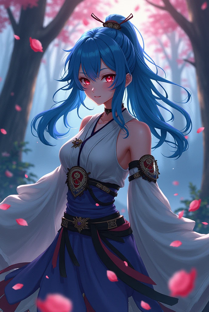 Female character in the style of Demon Slayer, with blue hair, red eyes and anime clothing