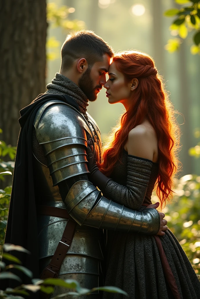 image of an attractive medieval warrior clad in his impressive metal armor, contemplating a beautiful red-haired woman he is kneeling next to her, She has long hair, She has a look of desire on her face with her lips parted.., He is behind her, she is looking at the camera