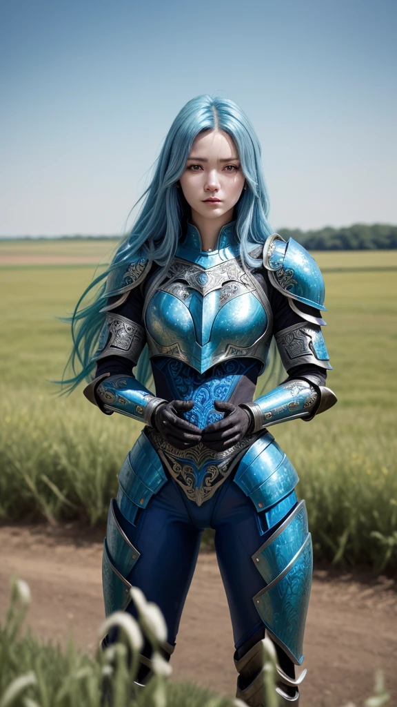 front_View, masterpiece, Highest quality, Realistic, RAW Photos, (One person, looking at Viewer), Beautiful long blue hair bathed in the sun, Machine's blue armor, Elaborate armor, Delicate blue work, Intricate workmanship, blue metal parts, Details, Dynamic pose, Prairie background, Dynamic Lighting,