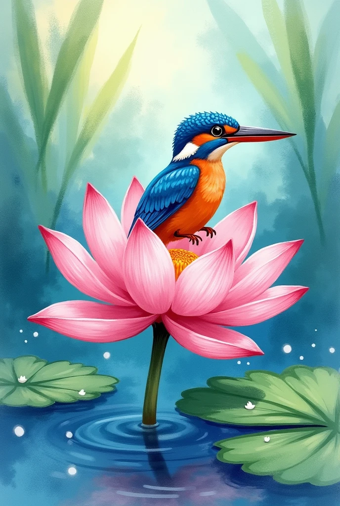 A  painted a simple picture of a kingfisher perched on a lotus flower with paint.