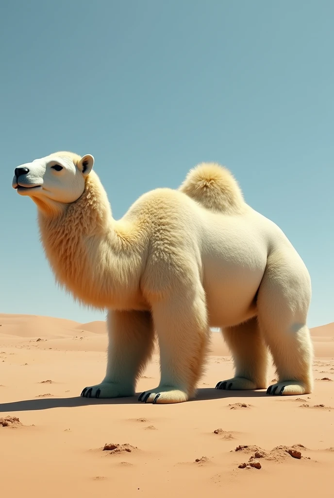 an animal with the back is totally a camel body and the front is totally a polar bear body don't change their colours the view seen from the side