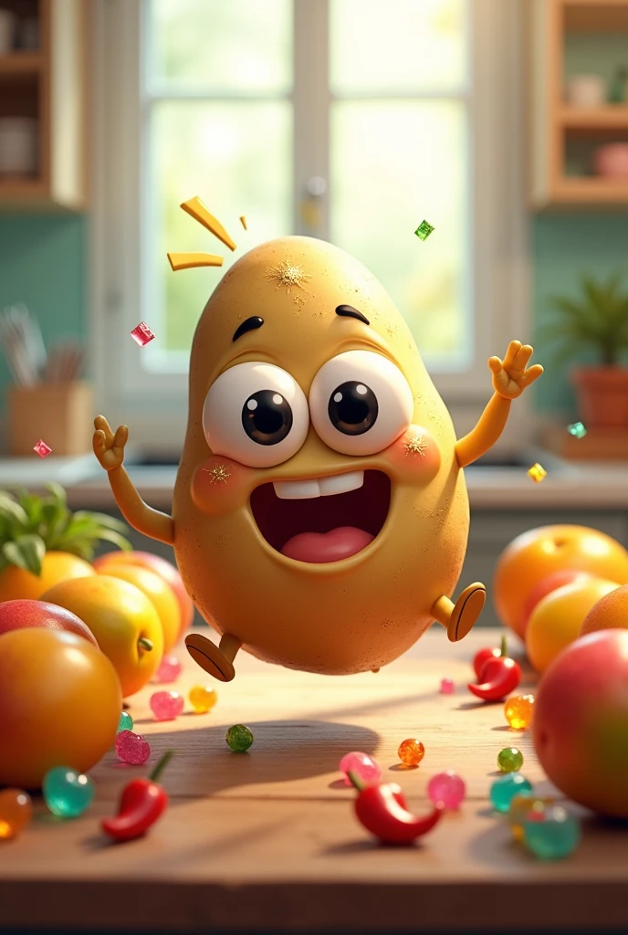 A cute, kawaii, animated brown potatoe that is acting very crazy and dummy, sitting on a table waiting to be cooked, surrounded by many mangoes, lots of colorful gummies, and happy chillies
