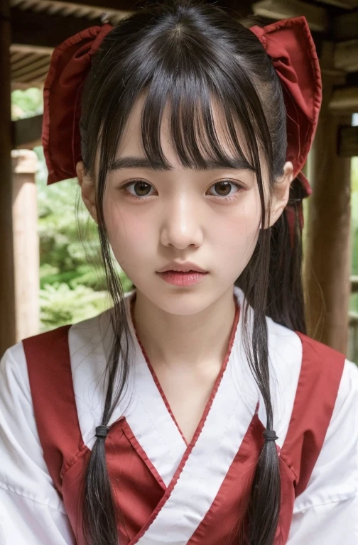 ((Highest quality, 8k, )), beauty, One of the Japan, Black Hair, 18-year-old, Blunt bangs, Lower ponytail, Face Focus, Detailed face, Highly detailed lips, Beautiful Eyes, double eyelid, Sweaty skin: 1.2, Shrine maiden dressing, Shrine maiden, Red too,