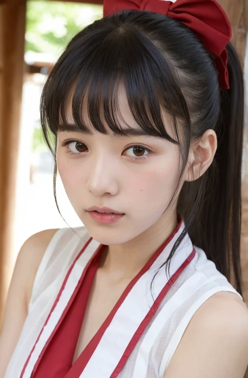 ((Highest quality, 8k, )), beauty, One of the Japan, Black Hair, 18-year-old, Blunt bangs, Lower ponytail, Face Focus, Detailed face, Highly detailed lips, Beautiful Eyes, double eyelid, Sweaty skin: 1.2, Shrine maiden dressing, Shrine maiden, Red too,