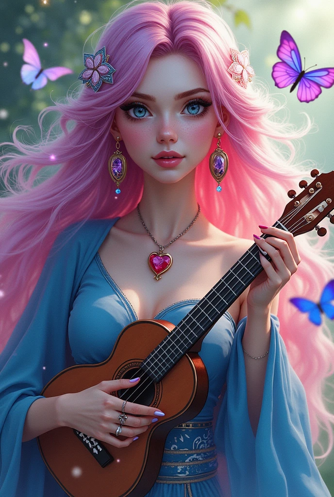 A very sexy girl with long very pink and blue hair, her skin is quite white and delicate, being covered with tattooed magic runes and a brilliant golden dust, your eyes have heterochromia one is purple and the other green. She wears the robes of a beautiful elegant muse and also likes to wear high heels, She is of noble origin and is the daughter of a genius. She is an adventurer and loves music, ela é uma barda e está sempre com your mandolin em mãos assim como sua bela espada, your mandolin, sword and hair are always surrounded by butterflies, She also wears a ruby ring., Your high heel is very delicate., she also wears a heart shaped necklace.