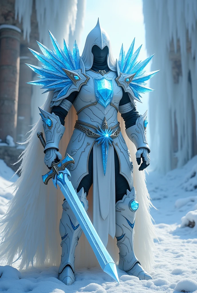 White armor with blue ice spikes on the shoulders, a crystal of ice on the chest with a sword in a frozen city.