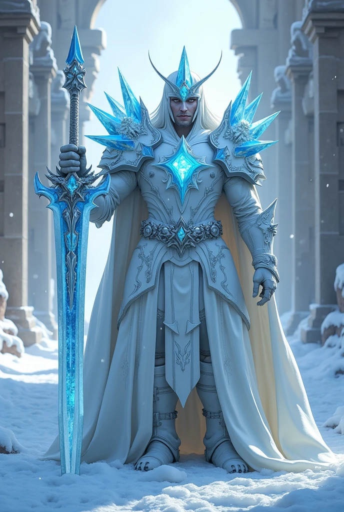 White armor with blue ice spikes on the shoulders, a crystal of ice on the chest with a sword in a frozen city. 