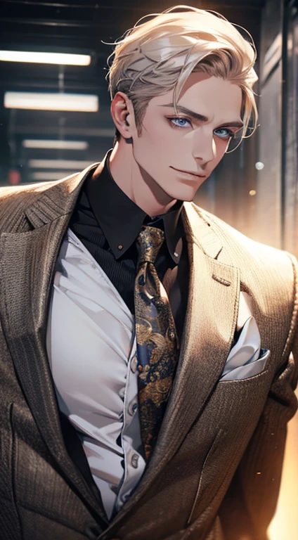 (best quality,4k,8k,highres,masterpiece:1.2),ultra-detailed,(realistic,photorealistic,photo-realistic:1.37),1 man,31 years old,mature man,very handsome,without expression,smile,short grey golden hair,blue eyes,penetrating gaze,perfect face without errors,imposing posture,businessman,office background,cinematic lighting,hdr image