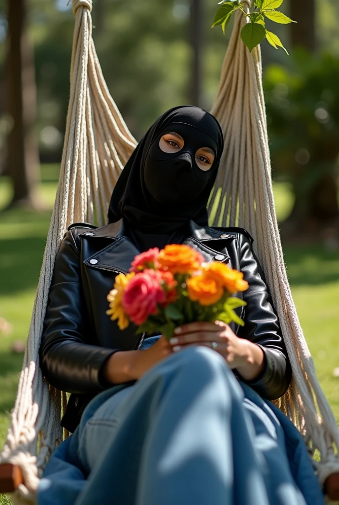 completely hidden face misterious white arabic woman wearing 2 eye holes black ski mask covering mouth and nose, without hair, black biker leather jacket, wide denim maxi skirt, lying on hammock, sunny day, bouquet of flowers in arms