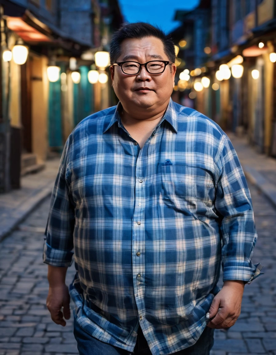 Man, Asian, 50 years old, Fat, Chubby, wearing glasses,( Put on a thin, light blue plaid shirt, Unbutton the shirt ), Unbuttoned, wearing Jeans, walking in the old town, night time, beautiful lighting.