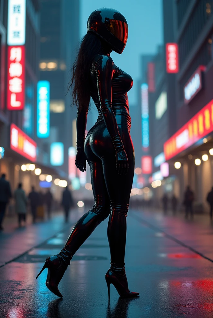 A fat woman in a black latex suit with enormous hips and rear, semi-futuristic, with a helmet covering her face and high heels. 