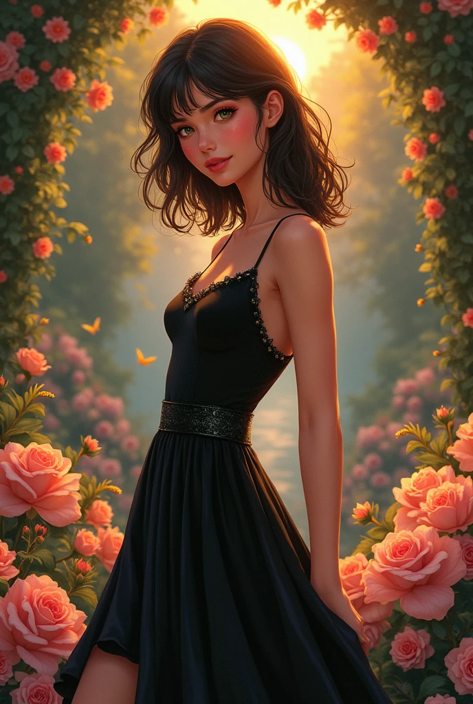 Illustration of a beautiful 16-year-old woman, tall, with slightly blushing cheeks, a daring look of green eyes, shoulder length dark brown hair, dressed in a beautiful black dress with elegant posture of a good body