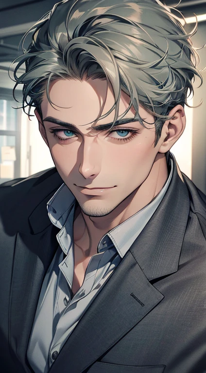(best quality,4k,8k,highres,masterpiece:1.2),ultra-detailed,(realistic,photorealistic,photo-realistic:1.37),1 man,31 years old,mature man,very handsome,without expression,smile,short grey green hair,blue eyes,penetrating gaze,perfect face without errors,imposing posture,businessman,office background,cinematic lighting,hdr image