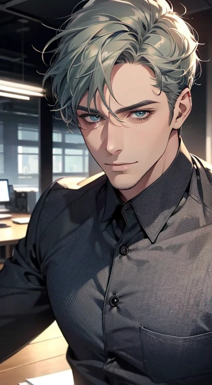 (best quality,4k,8k,highres,masterpiece:1.2),ultra-detailed,(realistic,photorealistic,photo-realistic:1.37),1 man,31 years old,mature man,very handsome,without expression,smile,short grey green hair,blue eyes,penetrating gaze,perfect face without errors,imposing posture,businessman,office background,cinematic lighting,hdr image