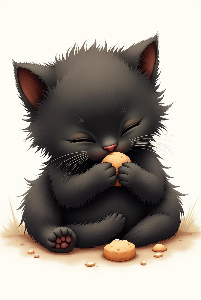 Cute black cat，Background is white，Baby cat，An illustration，Dozing off、While eating