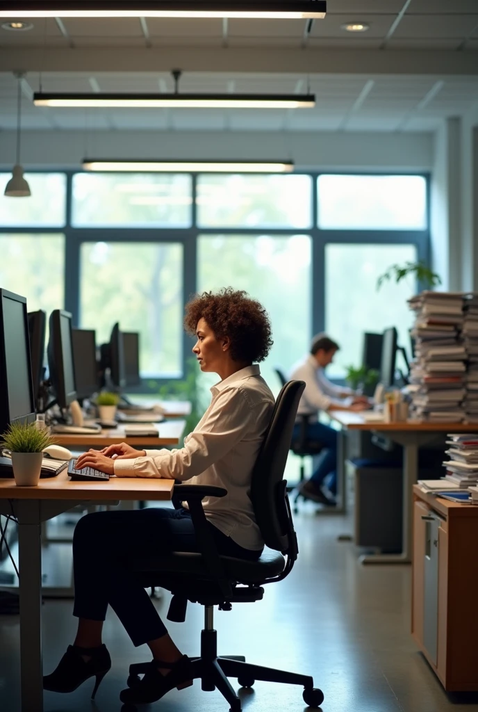 Generate an image that reflects good ergonomics in a university administrative office and bad ergonomics. 