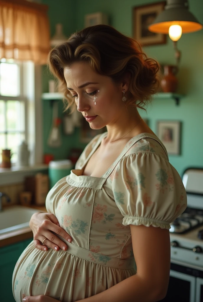 A pregnant 1950's housewife crying in a vintage kitchen. Topless. Close up