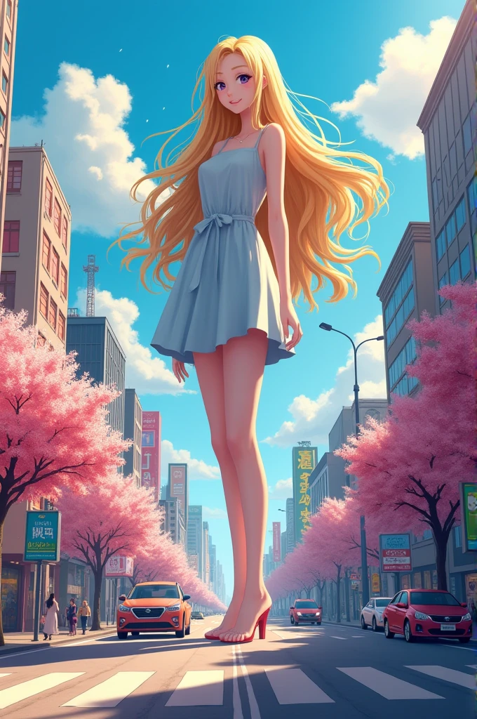 A girl taller than the skyscrapers of the city