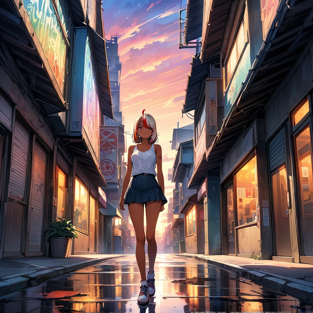 official art, unified 8k wallpaper, super detailed, masterpiece, Best image quality，super wide angle，evening，(one girl is standing), (standing far away:1.7), girl、(25-years-old:1.6), (slim:1.2), tall, medium wave hair, ((red and white (streaked hair:1.6)), highlights hair: 1.5, red eyes, medium breast, (tan skin:1.1), (Floral Fineline tattoo design on left arm:1),tank top, mini skirt, Bright colors、Beautiful fine details、Beautiful lip detail、Standing in the wet street in city, water is like a mirror，reflecting the sky, look up to the sky，Colorful sunset，Dynamic angle, grace, bright colors, ((from behind:1)), full body