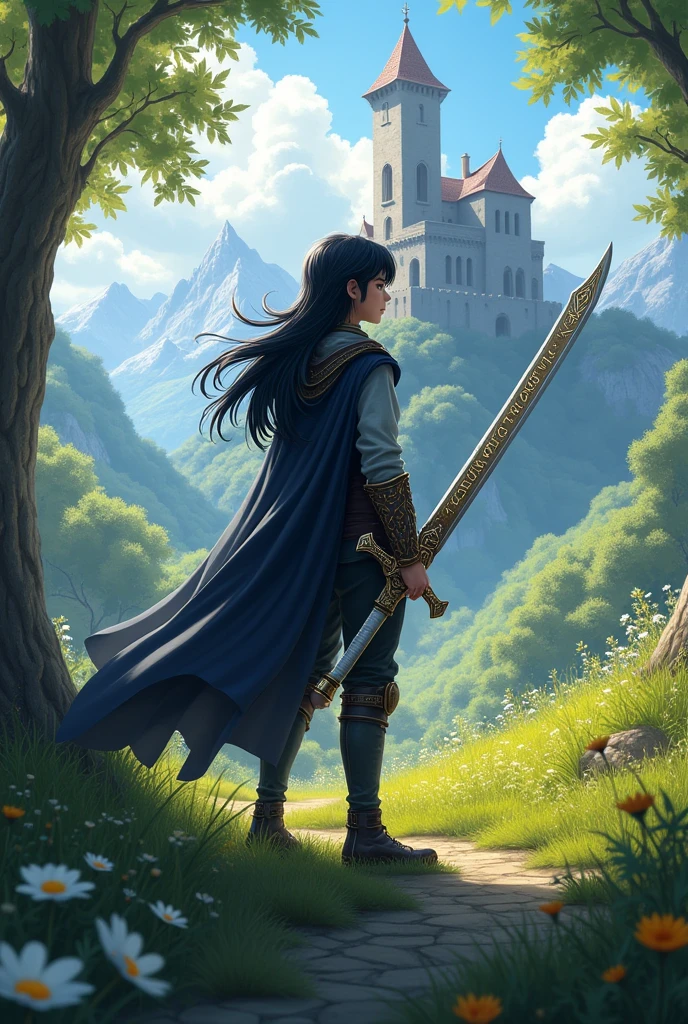 A 15-year-old boy with a long sword and long black hair, strong and tall.