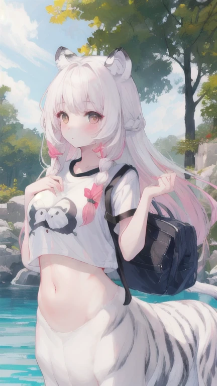 (best quality, masterpiece), 1 girl, centaur, I beg, White skin, Korean schoolgirl,daughter,black pink, exposing the abdomen, belly button t-shirt , 아름다운 소녀 Perfect wild white tiger photo, Perfect wild white tiger photo