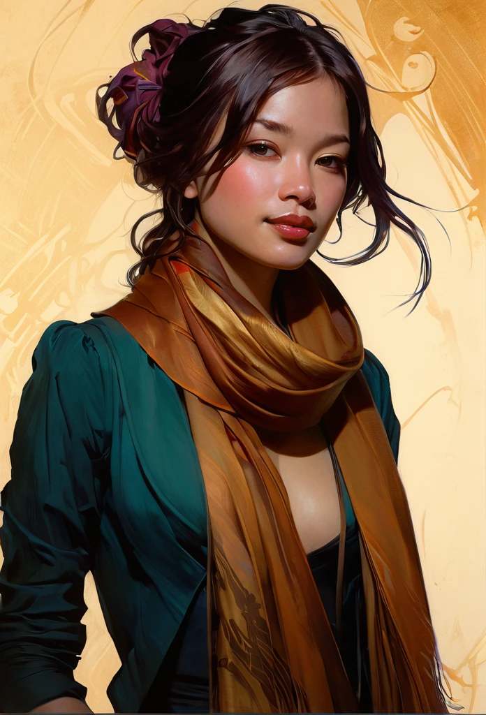 painting of a woman with a scarf around her neck, Craig Mullins, Alphonse Mucha, Artherm Craig Mullins, Beautiful character art, Rads and Lois Van Barle, Artgerm and Atey Gaylan, Charlie Bowwater: rich deep colors, Ross Tran 8 K, ( ( Mads Berg ) ), Artgerm and Craig Mullins