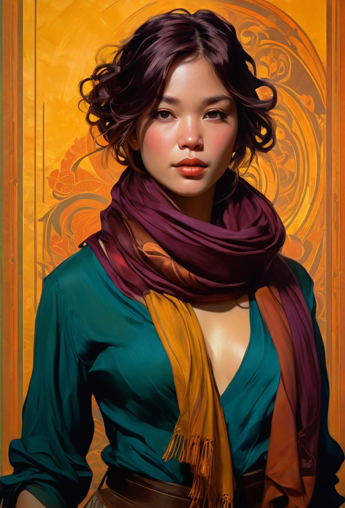 painting of a woman with a scarf around her neck, Craig Mullins, Alphonse Mucha, Artherm Craig Mullins, Beautiful character art, Rads and Lois Van Barle, Artgerm and Atey Gaylan, Charlie Bowwater: rich deep colors, Ross Tran 8 K, ( ( Mads Berg ) ), Artgerm and Craig Mullins