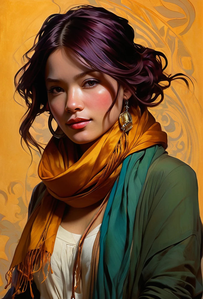 painting of a woman with a scarf around her neck, Craig Mullins, Alphonse Mucha, Artherm Craig Mullins, Beautiful character art, Rads and Lois Van Barle, Artgerm and Atey Gaylan, Charlie Bowwater: rich deep colors, Ross Tran 8 K, ( ( Mads Berg ) ), Artgerm and Craig Mullins