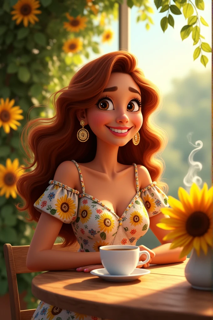 Make me an animated version in the Disney Pixar style of a person who is a 40-year-old woman, skin not too light but not as dark as cinnamon skin, As I reach the back, wavy fur, She is not fat but not skinny either, She is chubby and loves coffee and sunflowers., You can do it with a representative dress and some earrings.