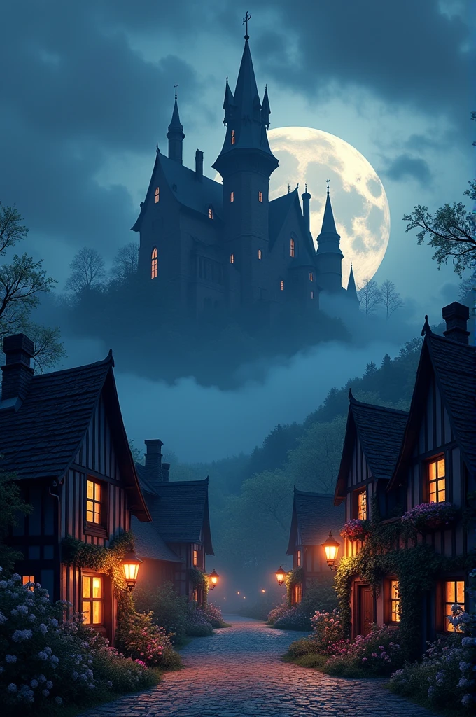 In 3d animation style "A small, mysterious village with a distant view of a large, eerie mansion" 