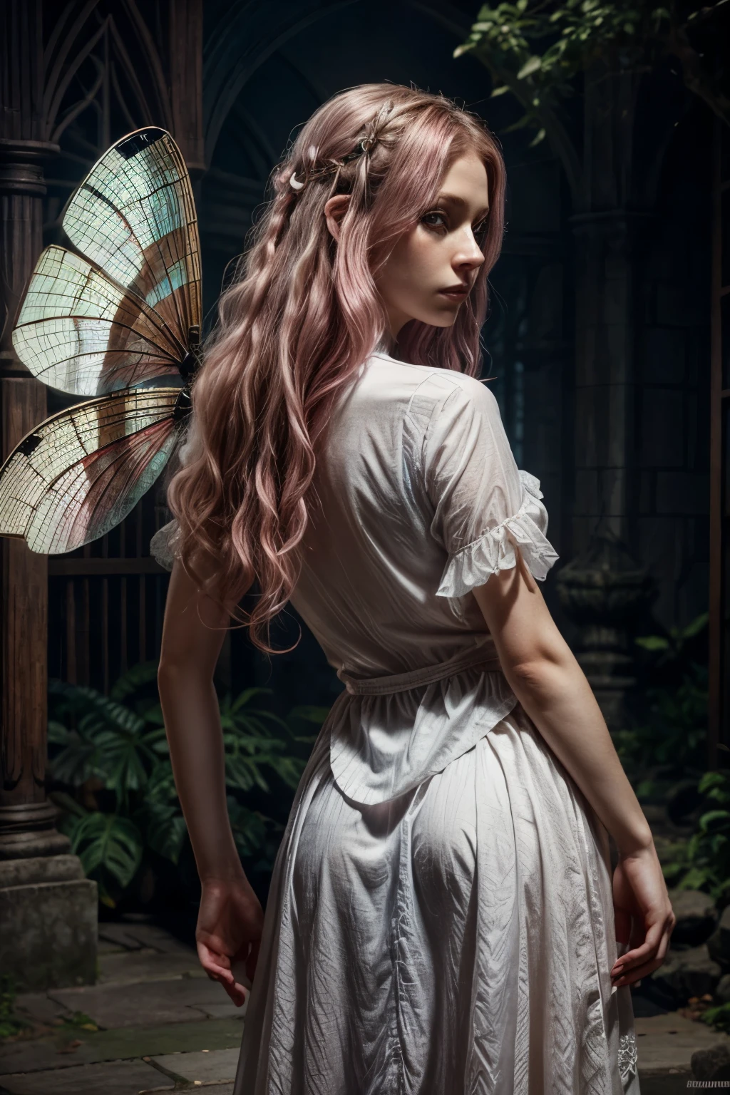 female fairy with curly pink, slightly ashy hair, pale skin color, Blue eyes, An insult, in a long white shirt, dark fantasy character design, epic exquisite character art, dark fantasy art, with the appearance of Freya Allan, dark fairy full view, Amazing character art. Dragonfly wings,