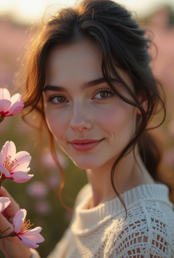 Best quality, masterpiece, ultra high res, (photorealistic:1.4), raw photo, a soft russian women, modest sweater, and the close-up shot highlights her delicate features with voluminous mass, photobash elements, and jagged edges, all set in a navy-toned, blossom flower field, glowing skin, light smile