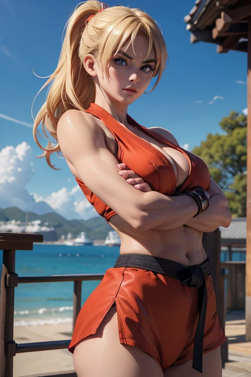 Ken Masters de Street Fighter versión mujer, sexy girl, beautiful face, poderosa, traje sexy de artes marciales color rojo, young, skynny body, small and beautiful buttocks, toned abdomen, beautiful breasts, obscene, sensual, esta en el muelle de embarcaciones de Japón, dramatic background, esta rodeada de fuego, partículas de fuego la rodean, energia ardiente, ella esta dando una patada al aire, ella esta entrenando karate, sensual look, beautiful blue eyes, classic hairstyle,Hair dyed in bright blonde color, best quality,4k,8k,A high resolution,masterpiece,ultra detailed,Realistic, Photorealistic,photo realistic, ultra realista 
