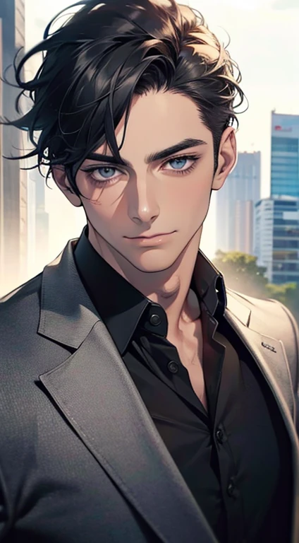 (best quality,4k,8k,highres,masterpiece:1.2),ultra-detailed,(realistic,photorealistic,photo-realistic:1.37),1 man,31 years old,mature man,very handsome,without expression,smile,short grey black hair,blue eyes,penetrating gaze,perfect face without errors,imposing posture,businessman,office background,cinematic lighting,hdr image