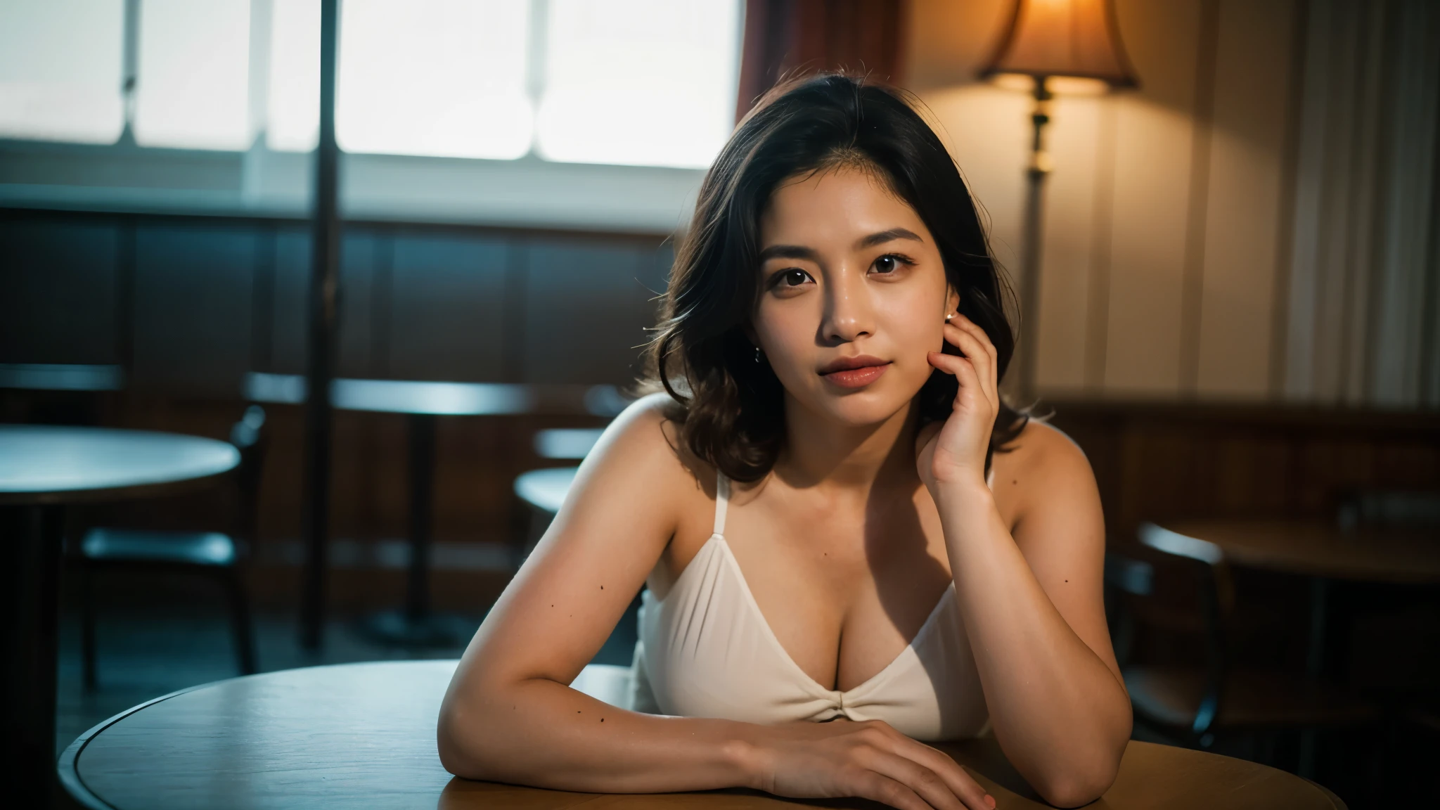 Full-length shot, Best quality, a 25y Japanese woman, wearing a night club outfit in red, hair blowing in the wind, fashionable, moody atmosphere, beautiful shadow, sunlight exposure, sitting at a table with white tablecloth, smiling showing teeth, directly facing camera, kodacrhome, cinematic lighting, masterpiece composition, perfect direct of photography, realistic face and eyes, realistic skin, ultra highly detailed, centered object, sharp focus, beautiful film bokeh, surreal view, candid photo, shot by zenit camera with 35mm lens, cinematic photo by annie leibovitz, Astocks, 8K