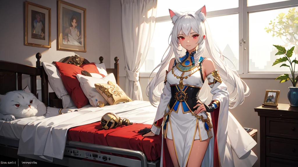 ((Highest quality)), ((Masterpiece)), (details), 1 female cat ear,red eyes,tan skin,white hair, Celtic costume,Egypt,hospital,patient,still remain,